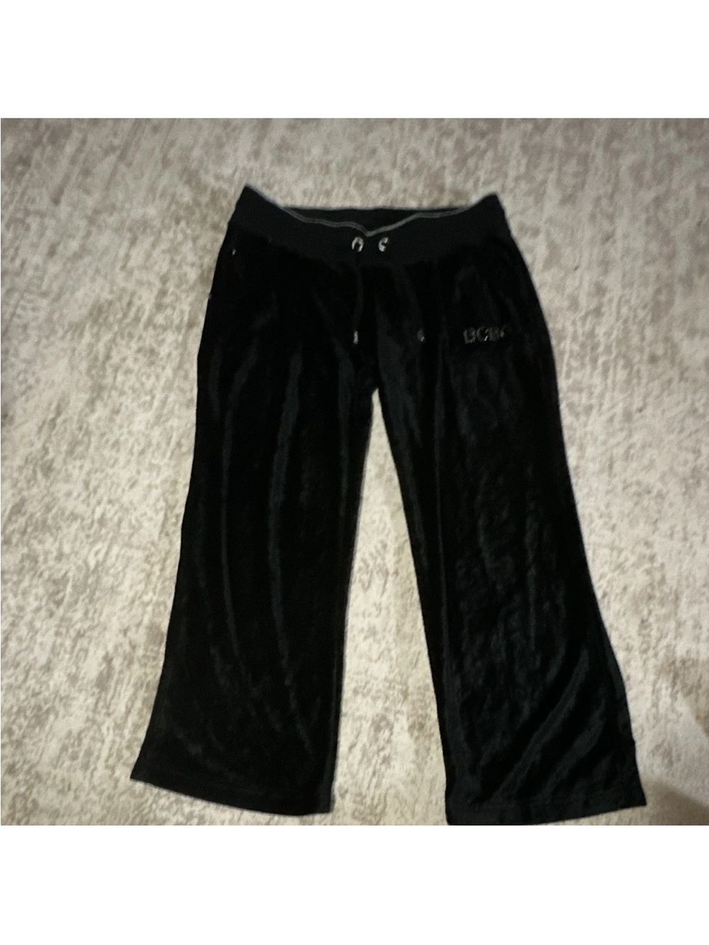 BCBG Max Azria Black Velour Wide Leg Lounge Pants Rhinestone Logo Small